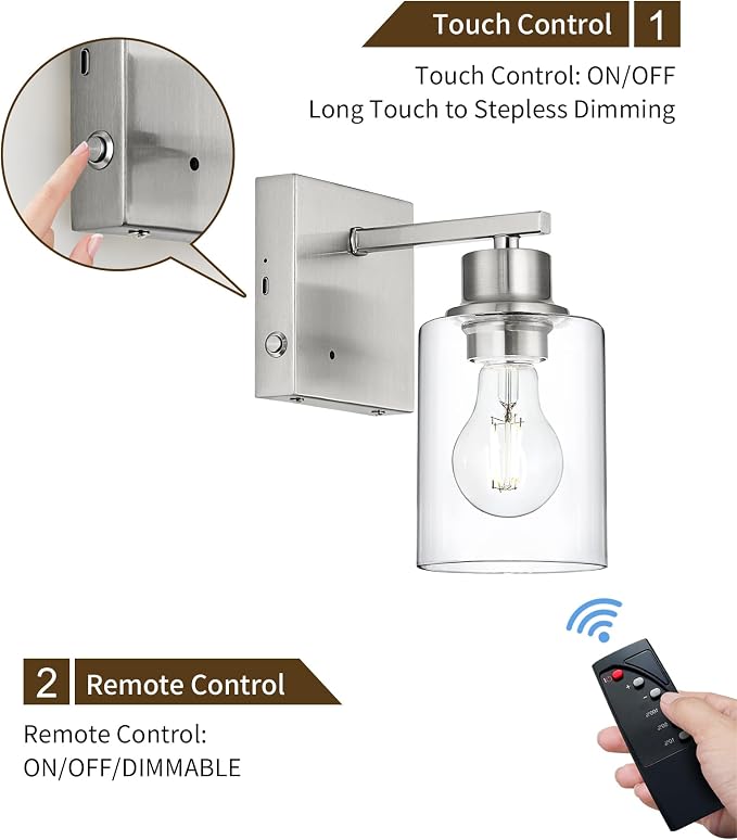 Rayogale Wireless Battery Operated Wall Sconce Set of 2 with Remote Control | Nickel Dimmable Rechargeable Wall Lights with Timer, Easy Install Glass Lamp for Living Room Bedroom, Emergency 3000K