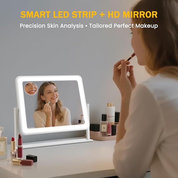 Rechargeable Vanity Mirror with Lights, 3000mAH Battery, 14"×12" LED Makeup Mirror, 10X Magnification, Smart Touch with 3-Color Lighting, 360° Rotation, Lighted Up for Makeup Desk, Bedroom (White)