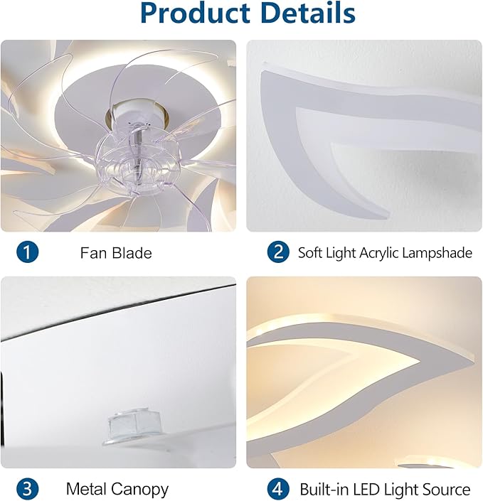 Modern Ceiling Fan with Lights Remote Control, 32" White Flush Mount Ceiling Fan with Light, 6 Speeds 3 Light Color Low Profile Ceiling Fan for Kitchen Bedroom