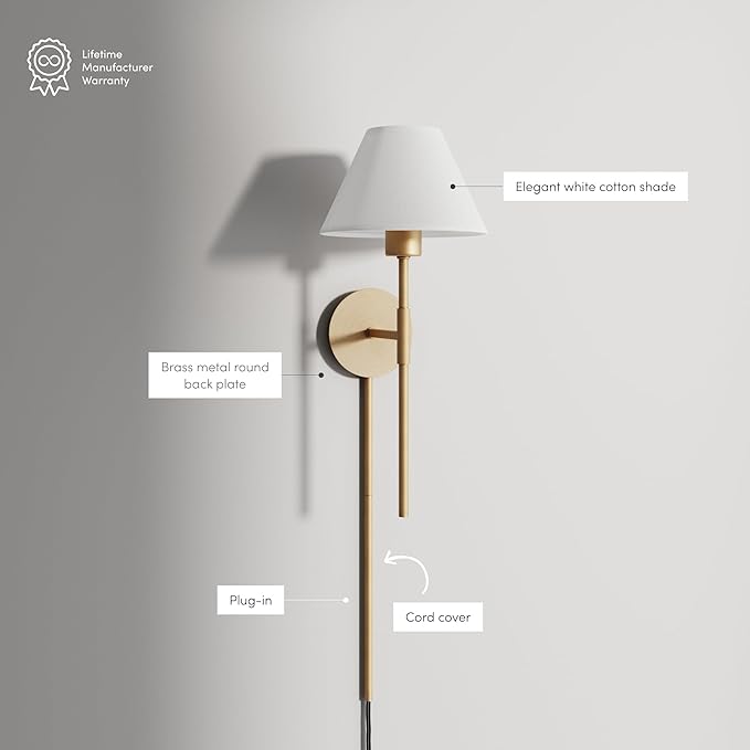 Nathan James Millie Plug-in Wall Sconce, Wall Mounted Bedside Reading Lamp with Cotton Shade and Brass Back Plate, Set of 2