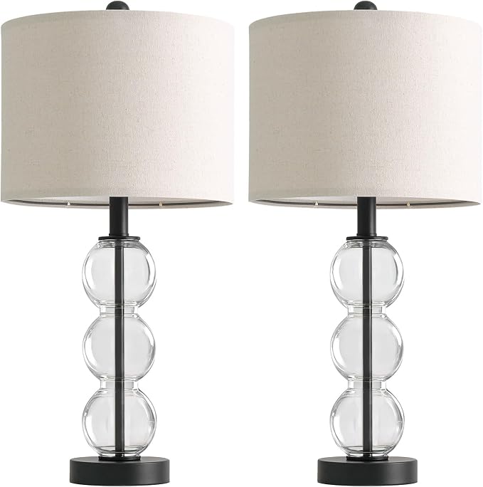 25" Glass Table Lamps Set of 2, Black Modern Table Lamps with USB Ports for Living Room, Linen Shade Bedside Lamps for Bedroom, Nightstand, Side Table (Bulbs not Included)