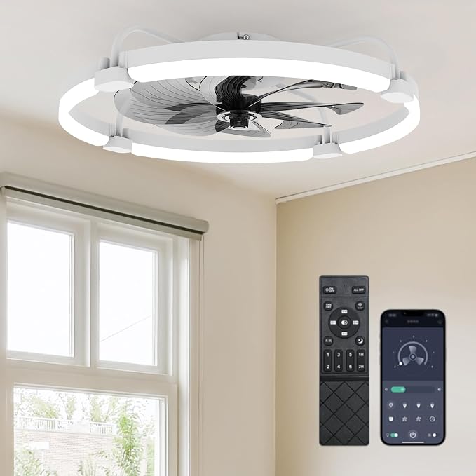 Ensenior 24 Inch Flush Mount Ceiling Fans with Lights, APP Control, White | Quiet Reversible Motor, Night Light Mode, 6 Speeds, 3CCT, Dimmable, Low Profile, Remote, Memory Function, Timer, Bedroom