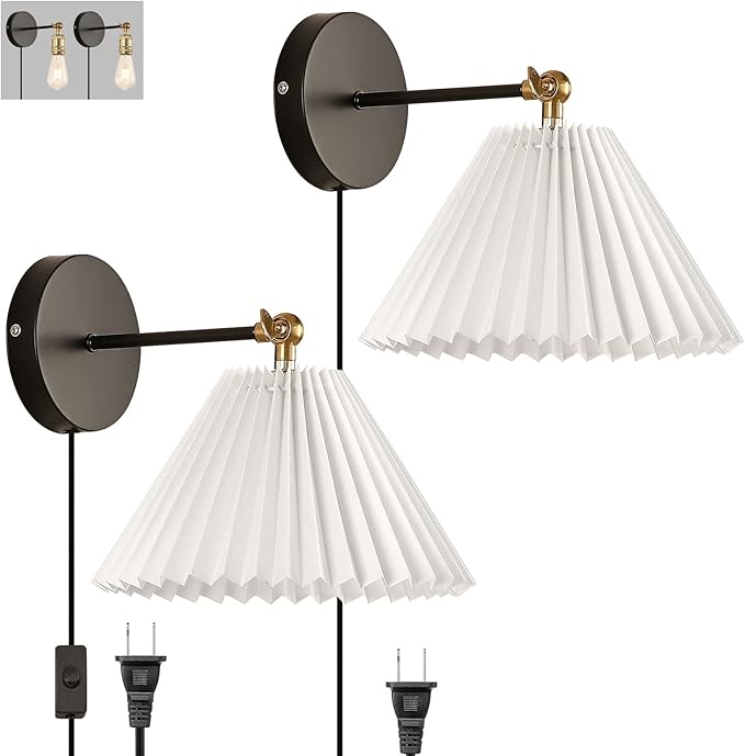 Wall Sconce Plug in, white Plug in Wall Light Set of 2 Fixtures,Wall Lamp with Plug in Cord and On/Off Switch,, Adjustable Industrial Vintage E26 Wall Sconce， for Reading Bedroom Hallway Living Room