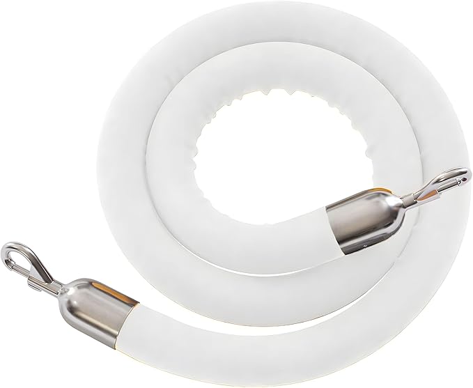 Montour Line Velvet Hanging Stanchion Rope Foam Core, 8 Foot White Rope with Polished Stainless Steel Snap Ends