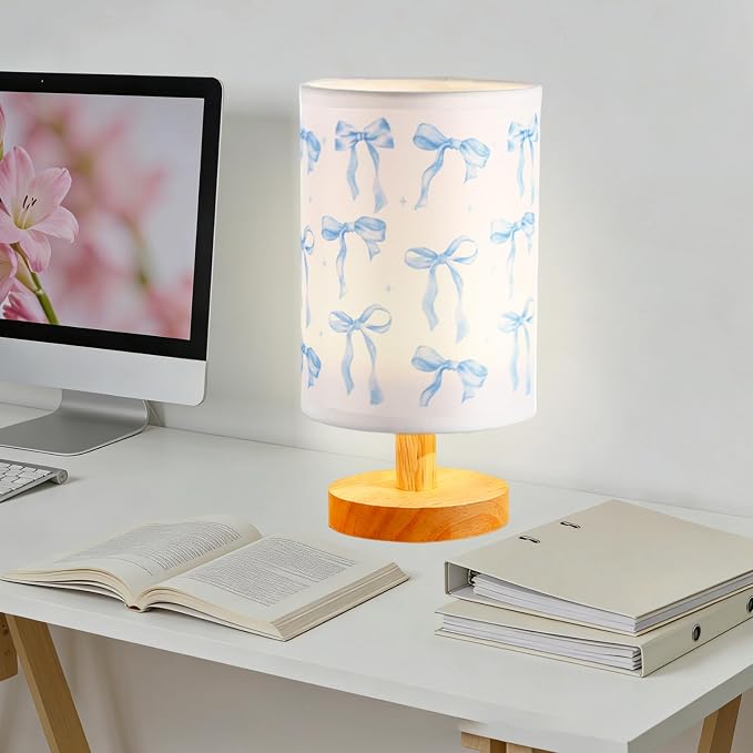 Lonfliness Blue Bow Kids Table Lamp Kids Bedside Lamp Bedroom LED Night Light with Linen Wooden Nightstand Cartoon Nursery Lampshade for Girls Boys Living Room