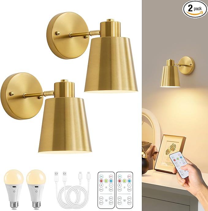 Gold Battery Operated Wall Sconces Set of Two with Remote, Rechargeable Battery Powered Wall Lights, 3 Color Temperature, Dimmable, Modern Wireless Wall Lamps for Bedroom Living Room Hallway