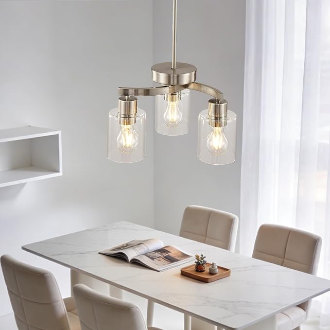 Modern Dining Room Chandelier, 3-Light Brushed Nickel Pendant Light | Industrial Pendant Light, Clear Glass Shade, Adjustable Height, E26, Dimmable