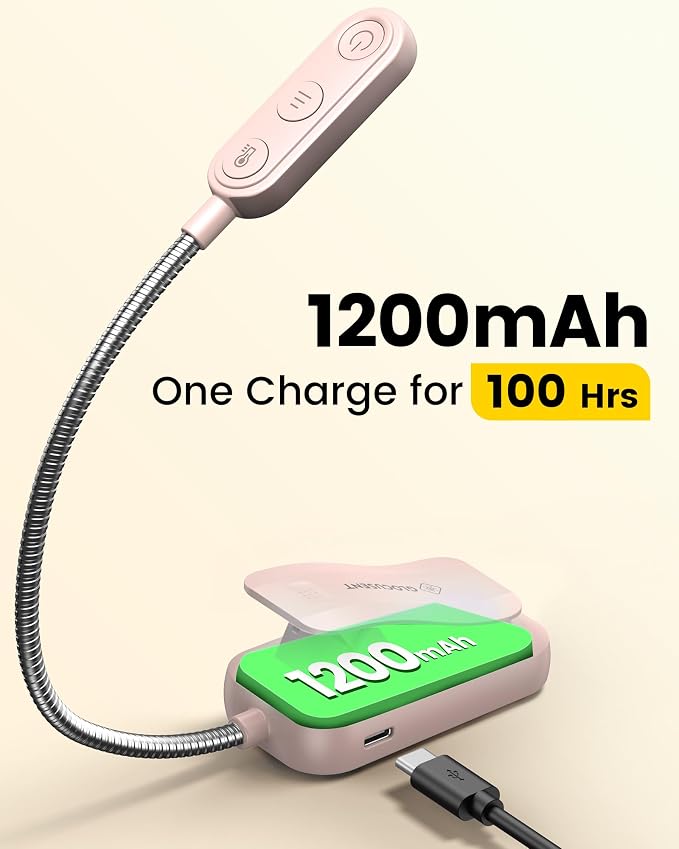 Glocusent 20 LED Reading Lights for Books in Bed, Eye Caring Reading Light | 5 Colors & 5 Brightness 3–100LM Dimmable, 1200mAh Rechargeable Book Light to 90H, Lightweight Clip on Light for Book Lovers