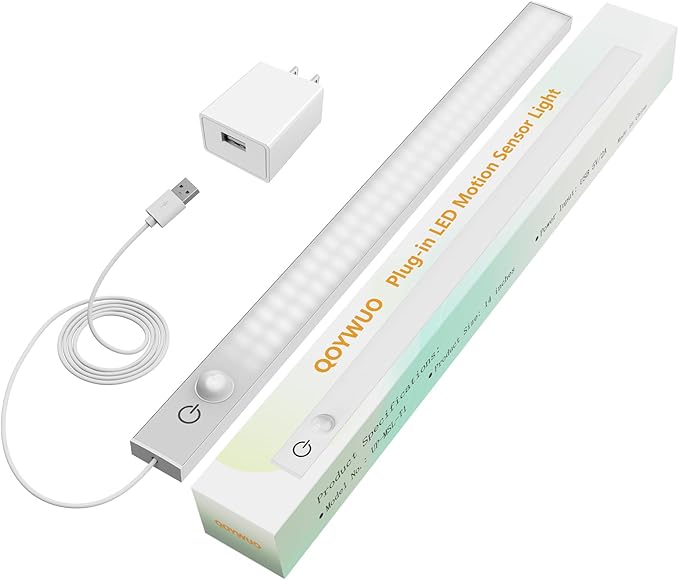 USB Plug-in Motion Sensor Light, Night/Day/ON Modes, Bright&Dimmable | 2-Row LED, 14" Under Cabinet Lighting Indoor for Kitchen, Cabinet, Closet - 6000K Cool White, 1-Bar