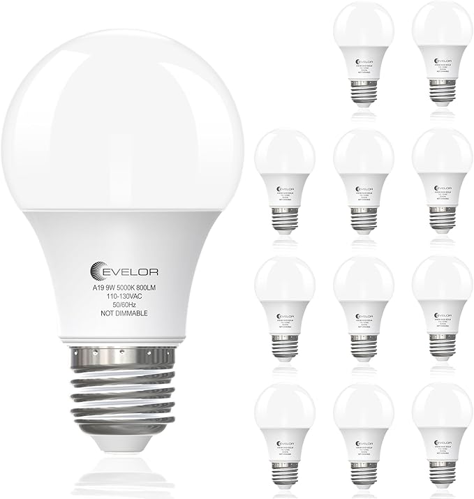 A19 LED Light Bulbs,60 Watt Equivalent Daylight 5000K with E26 Base,Efficient 9W,800 Lumens Non-Dimmable LED Bulbs,15000 Hours, Ideal for Bedroom Living Room, 12-Packs