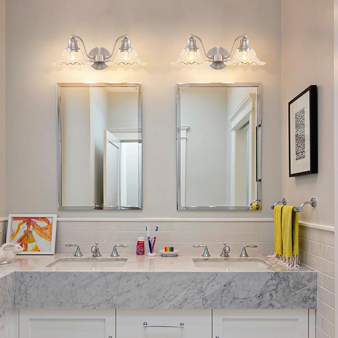 Brushed Nickel Bathroom Vanity Light Fixture Vintage, E26 Easy Mounted | Vanity Light with Flower Glass Shades, 18" Wide Bathroom Lighting Over Mirror, Easy Mounted for Bathroom, Bedroom, Hallway