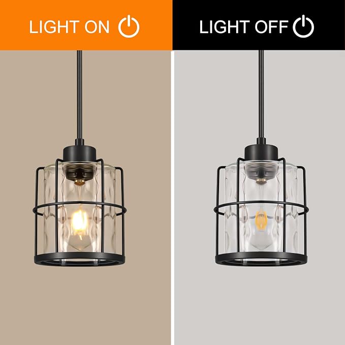Black Pendant Lights Kitchen Island, Modern Pendant Light Fixtures Set of 2 with Hammered Glass, Industrial Hanging Pendant Lights for Kitchen Island Dining Room Bedroom Entryway,90° Angle Compatible