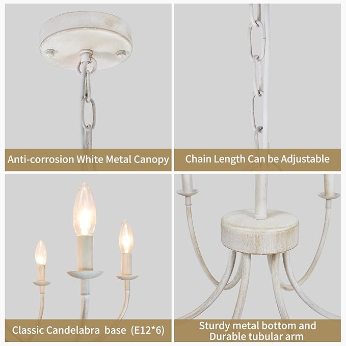 French Country Chandelier, 6-Light Antique White Farmhouse Chandelier for Dining Room Lighting Fixtures Hanging, Candle Hanging Pendant Lights for Kitchen Living Room Bedroom Foyer