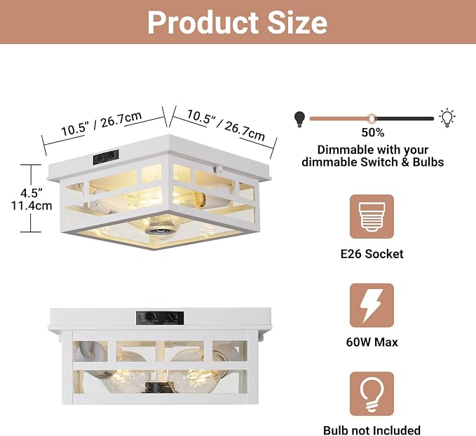 CALOKES Outdoor Flush Mount Motion Sensor White Ceiling Light - Timeless Industrial Design with Seeded Clear Glass for Your Porch, Driveway, Covered Patio, Farmhouse, and Entryway