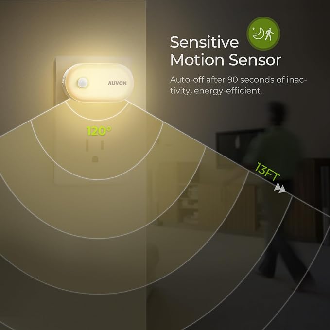 AUVON High Lumen (1-120lm) LED Night Light, Motion & Light Sensor, 4 Packs | Plug-in Nightlight, Dimmable Brightness for Bedroom, Bathroom, Hallway, Kitchen, Basement, Storage Room, Living Room