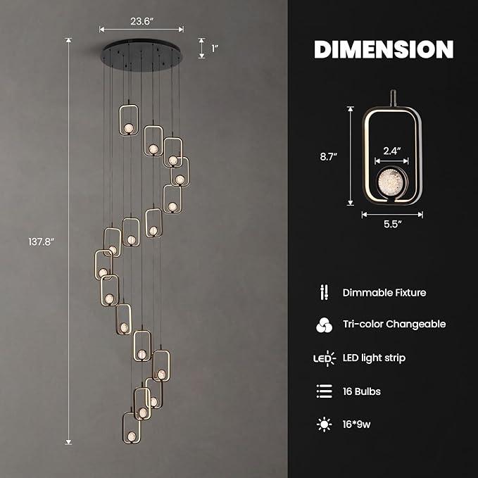 16 Lights Modern Staircase Chandelier Black Entryway High Ceiling Light Modern LED Chandelier16 Lights Black Crystal Light Fixture for Staircase Foyer Entryway Living Room