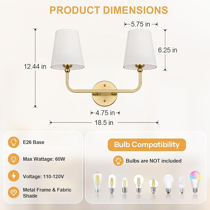 Bathroom Light Fixtures, 2-Light Brushed Gold Vanity Lights, Bathroom Lighting Fixtures Over Mirror with Flared White Fabric Shade, Modern Wall Sconces for Living Room Hallway