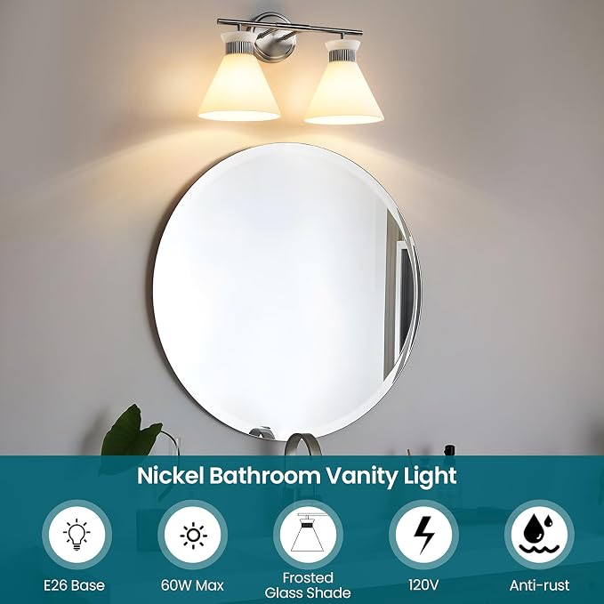 WOSHITU Bathroom Vanity Light Fixtures - Brushed Nickel Bathroom Lighting Fixtures Over Mirror 2-Lights with Modern Milky White Frosted Glass Shade, Mid Century Wall Light 17.3in (Exclude E26 Bulb)