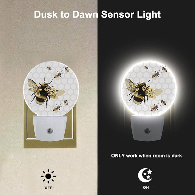 EKOBLA Bee Night Light, Honeycomb and Yellow Bee Summer Night Lights Plug Into Wall with Auto Sensor for Kids and Adults Home Decor