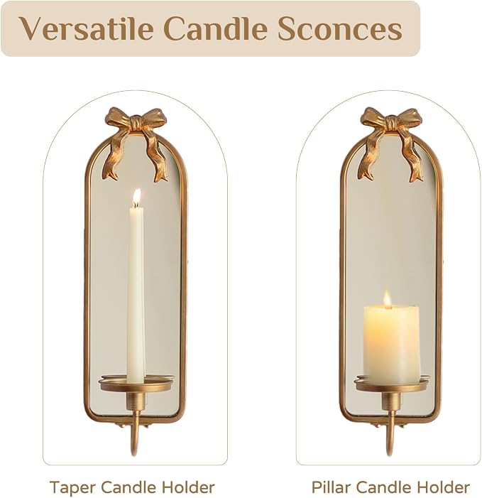 Gold Mirrored Candle Sconces Set of 2 with Arch Metal Frame | Wall Candle Holder, with Detachable Bow, Vintage French, for Pillars or Taper Candles, Beside Fireplace TV