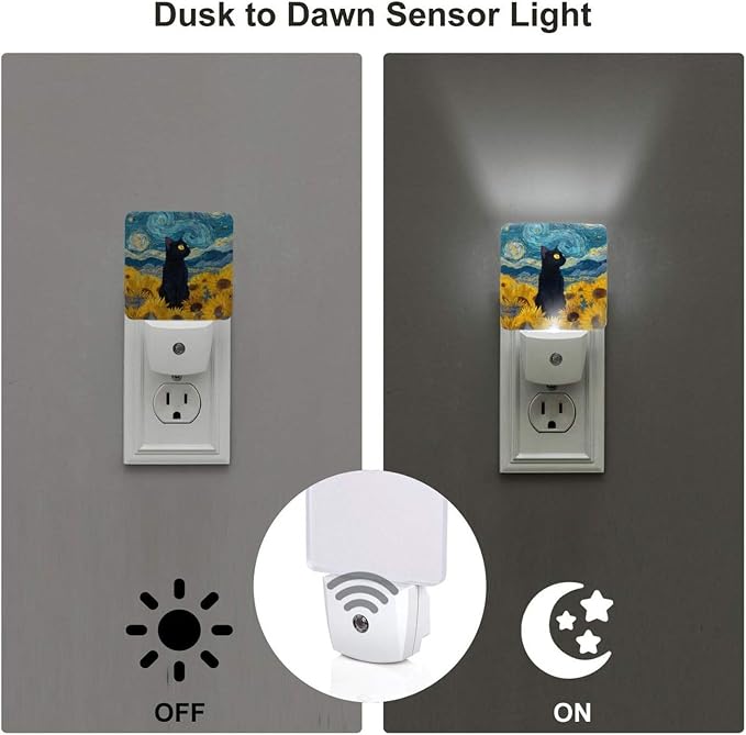 Black Cat Night Light Set of 2, Retro Sunflowers Auto Sensor LED Dusk-to-Dawn Nightlights, Plug-in Sensor Lamp for Bedroom Bathroom Kitchen Hallway Stairs Decorative