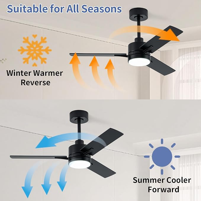 LANMEL Metal Ceiling Fan with Lights and Remote, 42 Inch, Black | Modern Low Profile Flush Mount, Reversible, 3CCT Dimmable, Quiet, LED, For Bedroom, Living Room, Indoor/Outdoor Patio Use