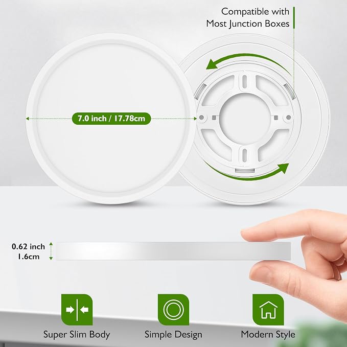 7 Inch Flush Mount LED Ceiling Light Fixture, Dimmable, 1200LM | 15W 3CCT 3000K/4000K/5000K Selectable Round Flat Panel Light, 0.67" Super Slim Ceiling Lamp for Porch, Laundry, White 16Pack