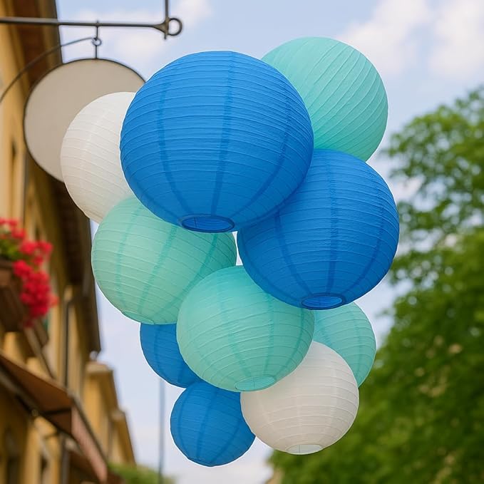 16 Pcs Paper Lanterns Hanging Round Blue Paper Lantern Decorative 6" 8” 10”12" Four Colors Chinese Lanterns for Birthday Wedding Party Decoration Baby Showers Valentine Indoor Outdoor
