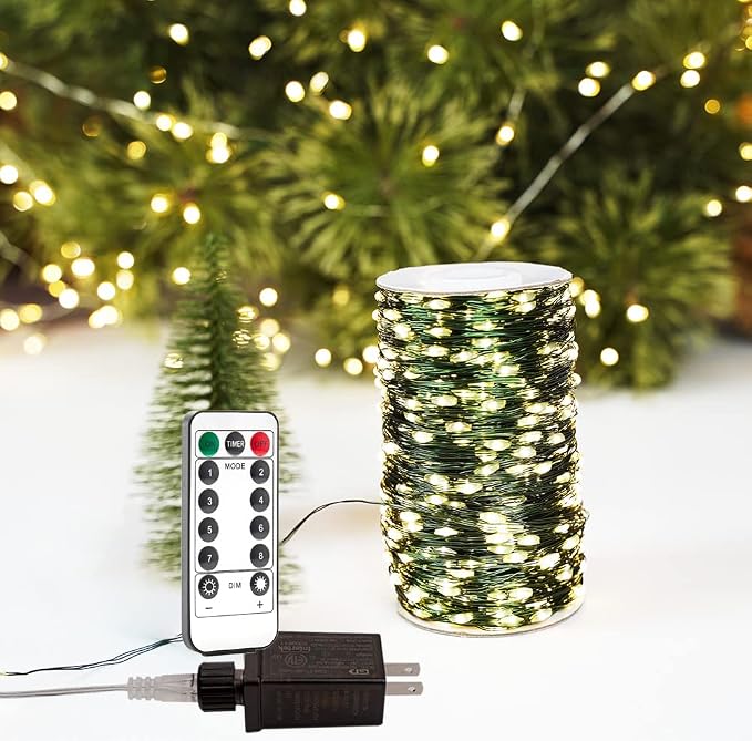 Extra Long Green Wire Fairy Lights Plug in 660FT High Bright 2000 LED Waterproof LED String Lights with Remote Warm White for Christmas Tree, Patio, Garden, Backyard