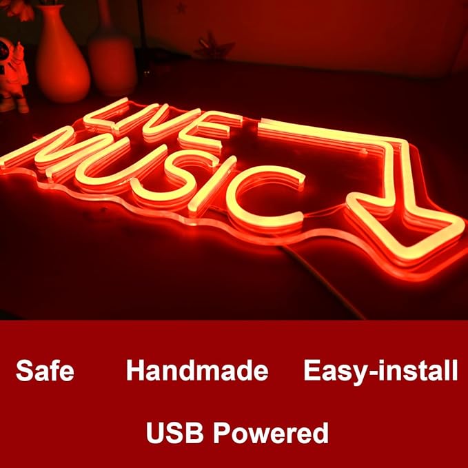 Music Live Led Neon Signs - Handcrafted LED Signs 17 * 11 inches - Wall Decor Light For Nightclub,Bar or Bedroom,Music Stadio