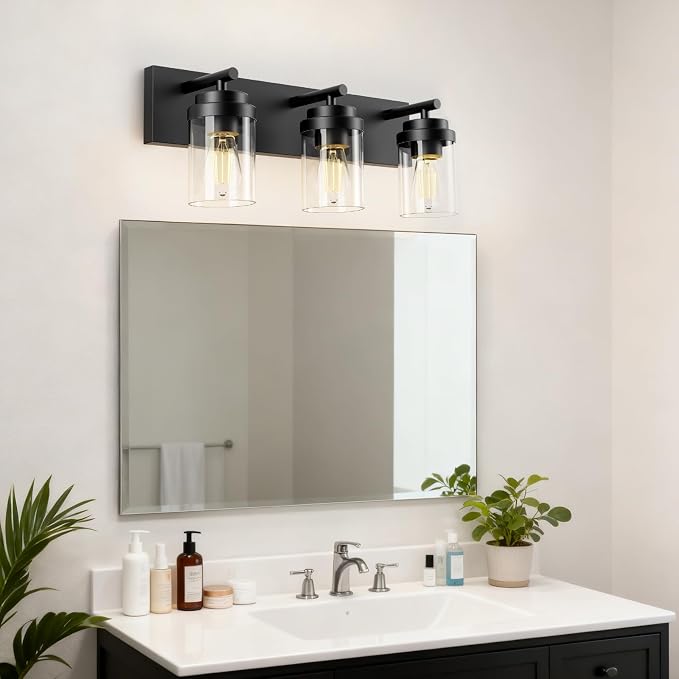 IZORRO Bathroom Vanity Light Fixture, 3-Light 22 Inch Matte Black Bathroom Light Fixtures Over Mirror, with Clear Glass Shade, Modern Farmhouse Vanity Lights, Rustic Restroom Lighting Fixtures