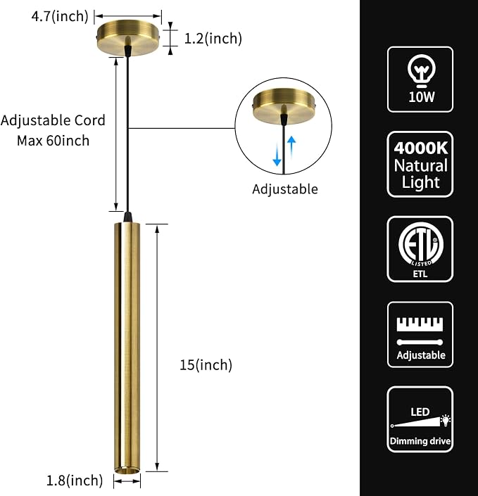 Modern Pendant Lights 4000K Bronze LED Dimmable Pendant Light Fixtures Pendant Lighting for Kitchen Island,Bar,Bedroom, 15.7inch, 10W, ETL, 3Pack