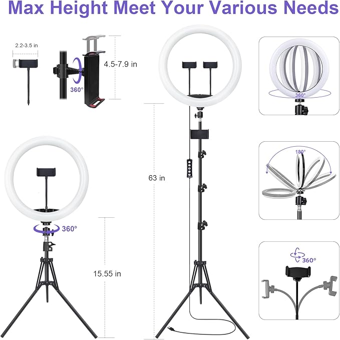 13" Selfie Ring Light with 76" Tripod Stand & 3 Phone Holder, LED Camera Ringlight with 48 RGB Colors Modes & Musical Rhythm Mode and 12 Brightness Dimmable for Makeup/Photography/Videos/Vlog/TikTok
