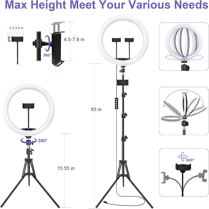 10" Selfie Ring Light with 73" Tripod Stand & 1 Phone Holder, LED Camera Ringlight with 48 RGB Colors Modes & Musical Rhythm Mode and 12 Brightness Dimmable for TikTok/Makeup/Photography/Vlog
