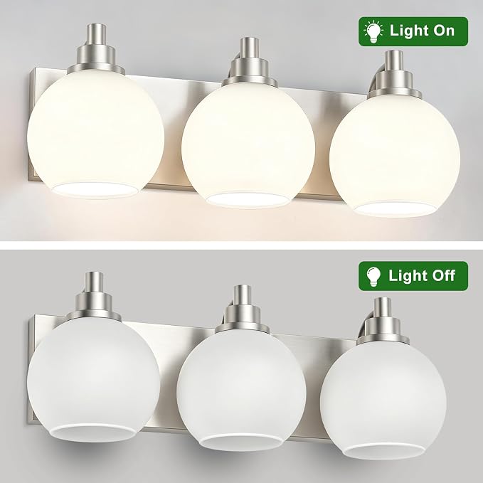 IZORRO Bathroom Light Fixtures, 3-Light Brushed Nickel Vanity Light, Modern Wall Sconces with Globe Milk White Glass Shade, Vanity Lighting Fixtures Over Mirror,E26 Bulb Socket