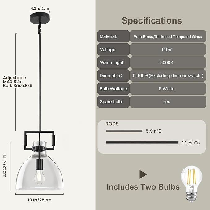 10 Inch Large Knurled Black Blown Glass Modern Kitchen Island Pendant Light Fixtures,1 Light Kitchen Island Pendant Lighting,Single Pendant Light,for Foyer, Entryway, Dining, Includes Two Bulbs
