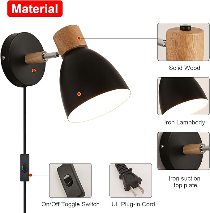 Wall Sconces Plug in, Swing Arm Wall Lamp with Power Cord, Black Plug in Wall Lighting Fixtures Set of Two, Bedside Wall Mounted Reading Lamp with Switch, for Bedside Bedroom Hallway