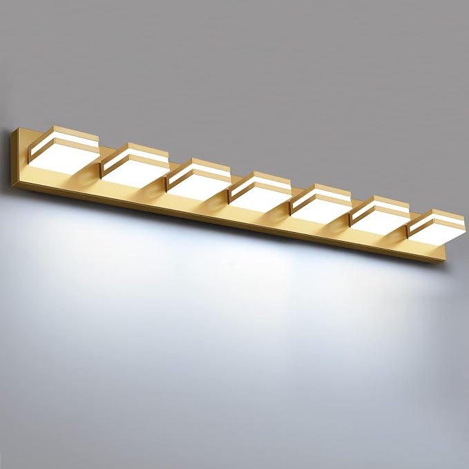 IZORRO LED Modern Bathroom Lights Fixtures(7-Light,Dimmable,360°Rotate),Brushed Glod Acrylic Wall Lighting,Vanity Lights for Bathroom Over Mirror - 6000k 40In （No Assembly Required）