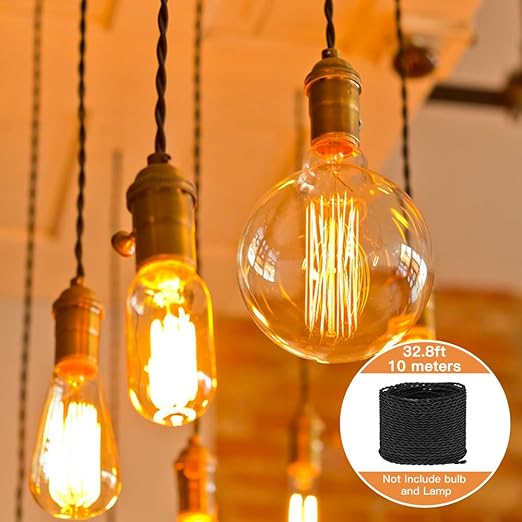 Helunsi 32.8ft Twisted Cloth Covered Wire, Black 182 Cloth Covered Electrical Wire, 18 Wire Gauge 2-Conductor Fabric Covered Lamp Cord, Vintage Twisted Cloth Covered Wire, for DIY Projects (Black)