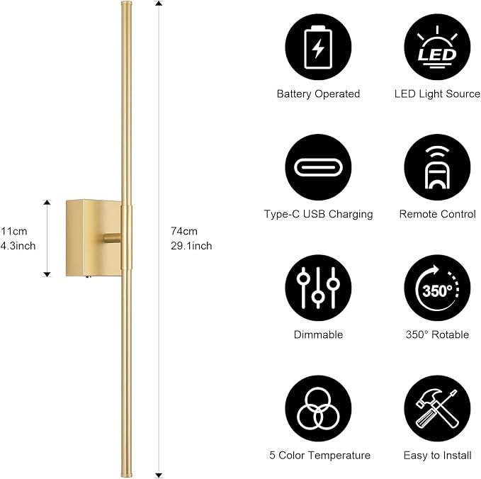 Battery Operated Wall Sconce, 3000K-6000K Dimmable Gold Wall Lights with Remote Control, Timable LED Wireless Wall Sconces, 350° Ratate for Bathroom, Living Room, Hallway 29.1 Inch 1 Pack