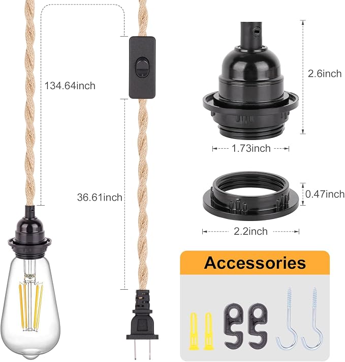 Plug in Pendant Light Cord - 15FT Industrial Hanging Light Kit, Hanging Lights with Plug in Cord With 15FT Hemp Rope, Hanging Lamp Kit with On/Off Switch,E26 E27 Light Socket, Bulb NOT Included