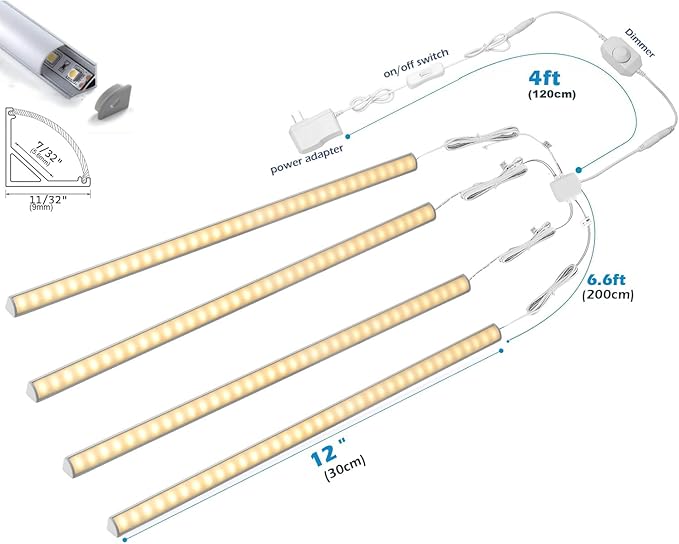 V-Shape Under Cabinet Lighting Kit - 4pcs 12" Dimmable Slim LED Light Bars for Showcase Shelf Seamless Illumination - 1200lm, 12W - Warm White 3000K