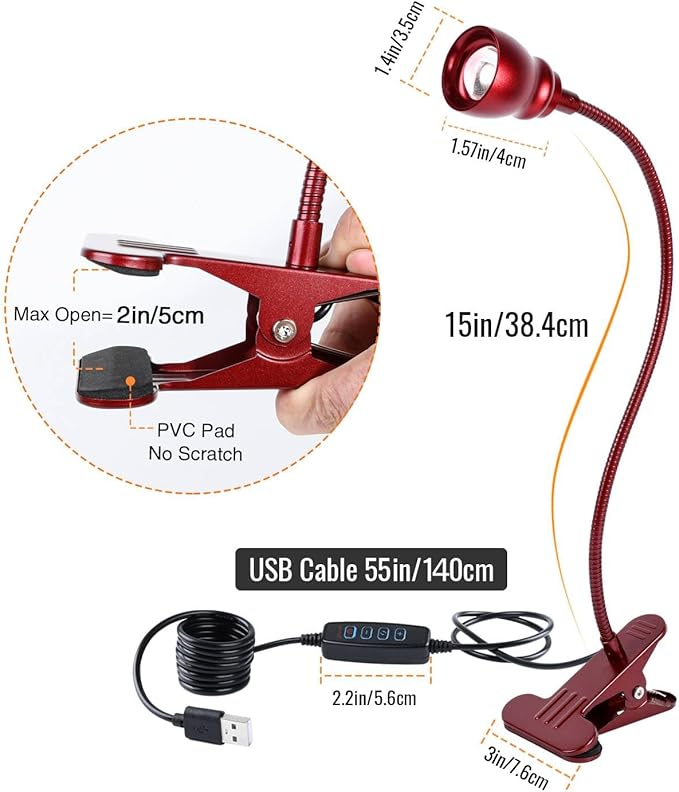 Zoomable Clip on Light, Clamp Reading Light for Dorm Bed Headboard, Dimmable Spotlight with 3 Color Temperature Options, 10 Dimmable Brightness Levels, Adjustable Beam Angle (Red)