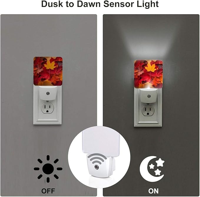 Fall Maple Leaves Night Light Set of 2, Auto Sensor LED Dusk-to-Dawn Nightlights, Plug-in Sensor Lamp for Bedroom Bathroom Kitchen Hallway Stairs Decorative