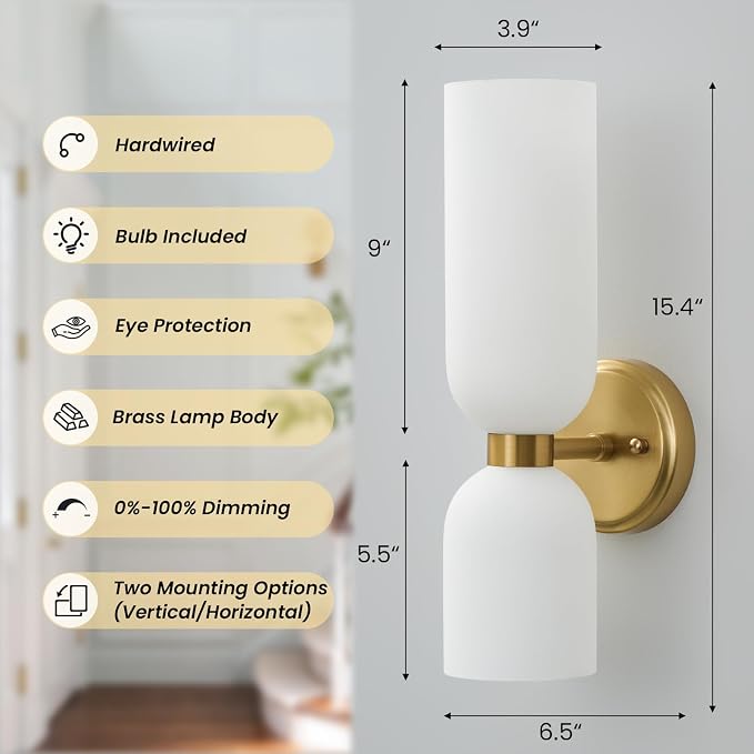Mid Century Bathroom Wall Sconce: Set of 2 Gold Brass Milk Glass Decor | Modern Brushed Double Indoor Hardwired Light with Dimmable Bulb, Frosted White Vanity Sconces for Bedroom Hallway Living Room