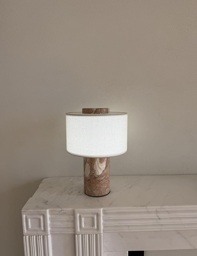 BSOD Marble Lamp, Stone Table Lamps Collection - Modern Cylindrical Lampshade Cordless Luxury Design Bedside Lamp for Home Decor, Bedroom, Living Room & Office (Plug-in Pink Lumachella Lamp)