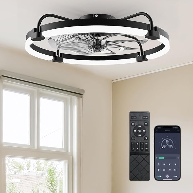 Ensenior 24 Inch Flush Mount Ceiling Fans with Lights, APP Control, Black | Quiet Reversible Motor, Night Light Mode, 6 Speeds, 3CCT, Dimmable, Low Profile, Remote, Memory Function, Timer, Bedroom