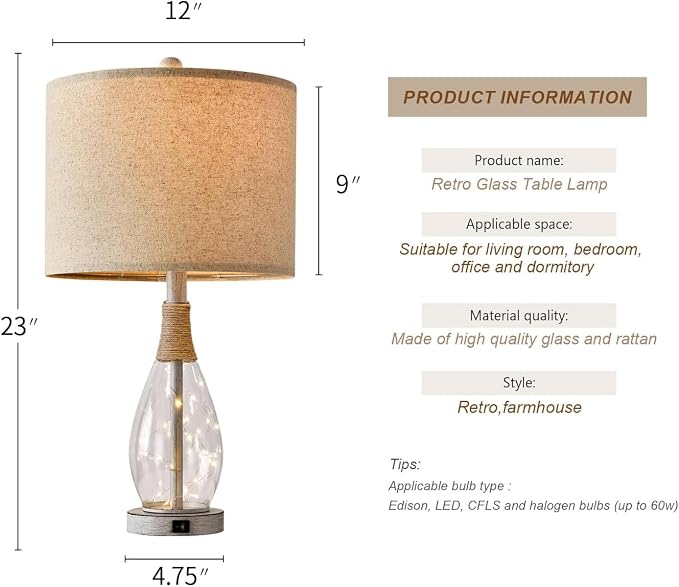 23" USB A+C Table Lamp for Bedroom Living Room Modern Bedside Lamps Retro Farmhouse Rattan Glass Nightstand Nightlight Lamps (White),Two Light Points