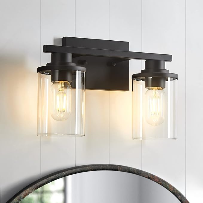 Bathroom Light fixtures, 2 Light Matte Black Bathroom Vanity Light, Vanity Lights with Metal Base and Clear Glass Shade, Wall Sconces Lighting for Bathroom, Mirror, Bedroom, Living Room, Hallway