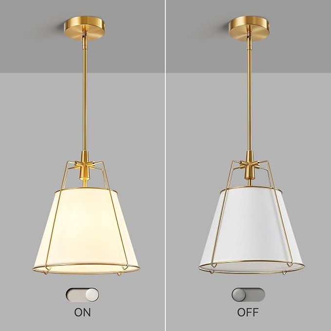 Modern Pendant Light Fixtures with 13" White Linen Fabric Shade, Adjustable Hanging Light Fixture,Drum Gold Vintage Chandelier for Kitchen Island Bedroom Dining Room Foyer Entryway